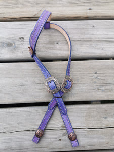 Purple - One ear headstall with copper floral buckles and conchos
