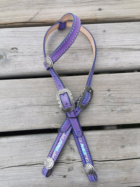 Purple and mint inlay on purple leather one ear headstall
