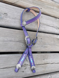 Purple and mint inlay on purple leather headstall and breast collar set